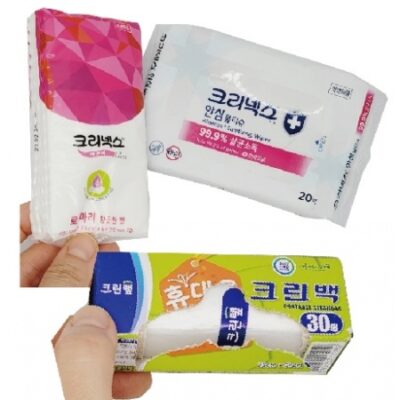 크리넥스 안심 항균 휴대용물티슈20매 미용휴지10매 크린백30매 생활지킴이 3종세트 판촉물제작 대표이미지