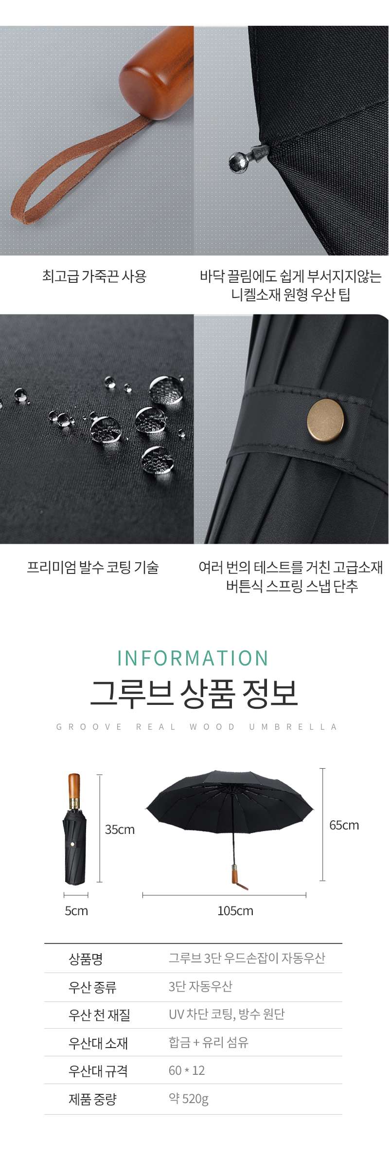 우산제작 그루브 12k 우드 손잡이 3단 완전자동 우산홍보물 상세이미지 5